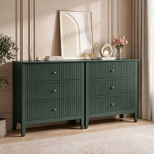 RoyalCraft Large 3 Drawer Dresser Set of 2, Fluted Chest of Drawers with Storage, Modern Painted 30 inch Tall Nightstand for Bedroom Living Room Entryway, Dark Green