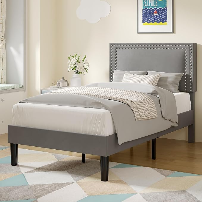 VECELO Twin Size Platform Bed Frame with Height Adjustable Upholstered Headboard, Modern Mattress Foundation,Strong Wood Slat Support, No Box Spring Needed, Easy Assembly, Dark Grey