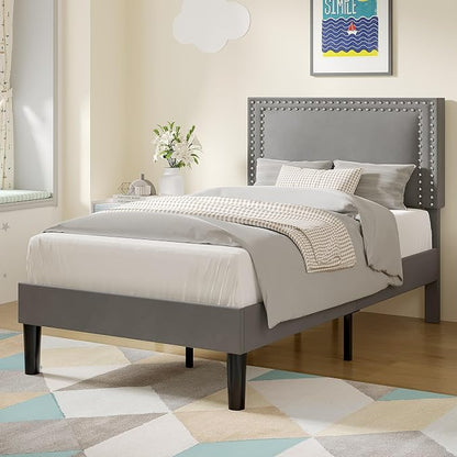 VECELO Twin Size Platform Bed Frame with Height Adjustable Upholstered Headboard, Modern Mattress Foundation,Strong Wood Slat Support, No Box Spring Needed, Easy Assembly, Dark Grey