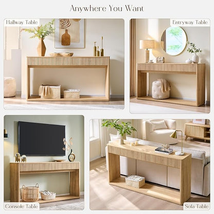 OKD 63" Fluted Console Table for Entryway, Modern Entryway Table with 2 Large Drawers, Long Sofa Table Behind Couch for Living Room, Hallway, Couch, Foyer，Natural Oak