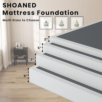 SHOANED King Size Box Springs - 3 Inch Low Profile Mattress Foundation No Noise Heavy Duty Metal Basics Bed Base with Clean Fabric Cover, Easy Assembly