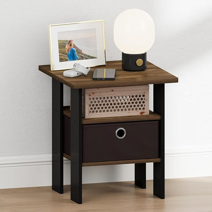 Furinno TIDUR 3-Tier Night Stand, Nightstand with Bin, Columbia Walnut | Open Shelf Design, Bedside Table, End Table, Side Table for Bedroom, Living Room