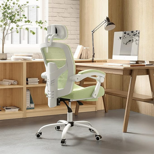 Home Office Desk Chair, Comfortable Mesh Computer Chair with Foot Rest, Reclining Gaming Chair with Headrest and Lumbar Support, 90°-130° Reclining, Green