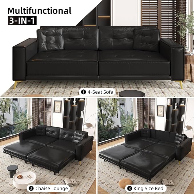 92.1'' Pull Out Sofa Bed King, Faux Leather Futon Couch, 3-in-1 Convertible Sleeper Sofa with Tufted Back, 2 Pillows, Gold Furniture Legs, Deep Loveseat for Living Room, Apartment, Black
