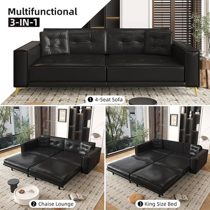 92.1'' Pull Out Sofa Bed King, Faux Leather Futon Couch, 3-in-1 Convertible Sleeper Sofa with Tufted Back, 2 Pillows, Gold Furniture Legs, Deep Loveseat for Living Room, Apartment, Black
