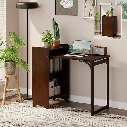 HDDFER Bamboo Folding Desk for Small Spaces,Hidden Desk with Storage Shelf, Foldable Computer Desk for Bedroom Home Office, Mid Century Modern Fold Out Table Writing Table, Walnut
