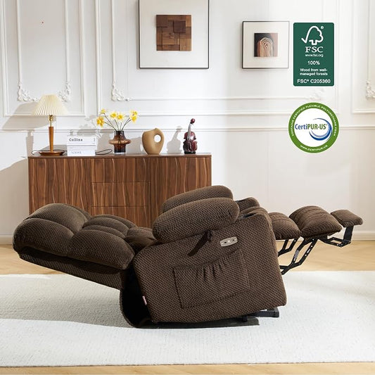 MCombo Dual Motor Power Lift Recliner Chair with Massage and Heat for Elderly People, Infinite Position, USB Ports, Cup Holders, Fabric 7890 (Medium, Mocha)
