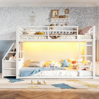 Bellemave Twin Over Twin Bunk Bed with Storage Shelves & 4 Drawers,Heavy Duty Metal Bunk Bed for Teens with LED Lights, Low Bunk Beds for Kids with Guardrails & Ladder, No Box Spring Needed, White