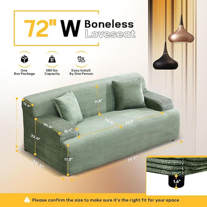 VINGLI 72" W Boneless Loveseat Sofa, Cloud Corduroy Couch in a Box, Compressed Deep Seat Sofa with 10.6" Wide Curved Armrests, Easy Assembly Required for Living Room, Apartments & Office, Green