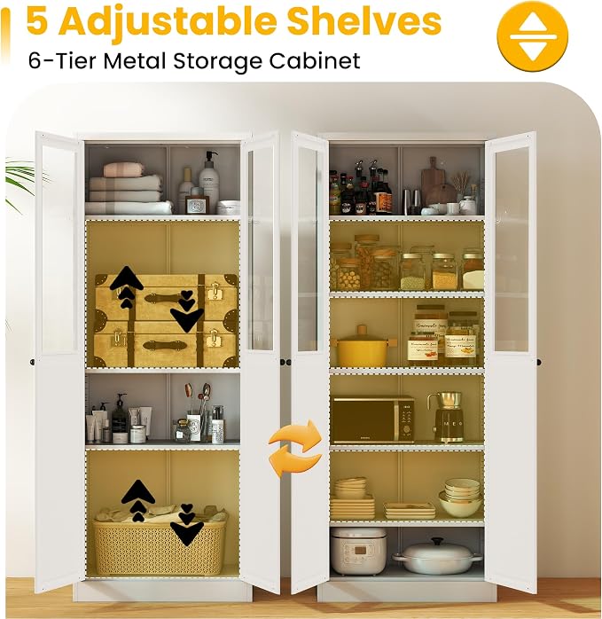 Pantry Cabinet with Glass Doors, 72” Kitchen Storage Cabinets with 5 Adjustable Shelves, Kitchen Pantry Cabinet with Ventilation Holes and Hooks for Home, Living Room, Pantry (White)