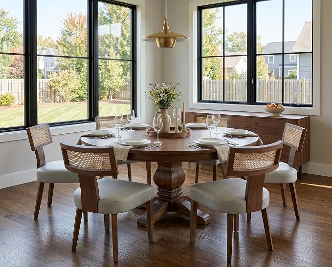 RIVOVA Upholstered Dining Chairs Set of 6 with Rattan Back, Modern Wooden Kitchen Chairs PU Leather Side Dining Room Chair Farmhouse Dinner Chair, Grey