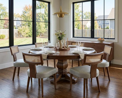 RIVOVA Upholstered Dining Chairs Set of 6 with Rattan Back, Modern Wooden Kitchen Chairs PU Leather Side Dining Room Chair Farmhouse Dinner Chair, Grey