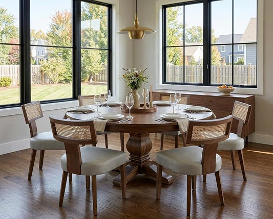 RIVOVA Upholstered Dining Chairs Set of 6 with Rattan Back, Modern Wooden Kitchen Chairs PU Leather Side Dining Room Chair Farmhouse Dinner Chair, Grey