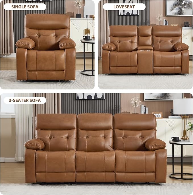CANMOV Genuine Leather Power Recliner Sofa Set,Power Recliner Chair and Sofa Set, 2 Pieces Leather Couch with Storage Console, USB Ports, Cup Holders for Living Room,Brown