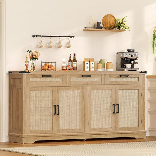 usikey 61” Large Buffet Cabinet with Storage, Sideboard Cabinet with 4 Doors and 3 Drawers, Farmhouse Buffet Table, Dining Room Storage Cabinet for Kitchen or Living Room, Natural