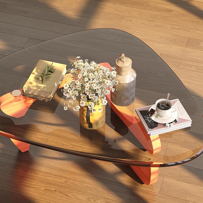 Coffee Table for Living Room Mid Century Modern Center Small Table with Glass Top and Wood, Walnut Transparent(32 Inch)