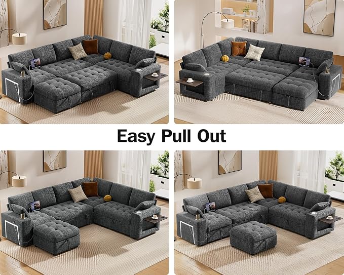 Vipbear 111" Modular Sectional Sleeper Sofa with Pull Out Bed, 7 Seat Chenille L Shaped Couch with Storage Ottoman|USB Ports|Cup Holders|Side Table|LED Light, Tool Free Assembly, Grey