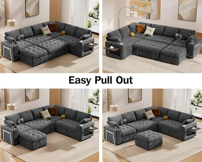 Vipbear 111" Modular Sectional Sleeper Sofa with Pull Out Bed, 7 Seat Chenille L Shaped Couch with Storage Ottoman|USB Ports|Cup Holders|Side Table|LED Light, Tool Free Assembly, Grey