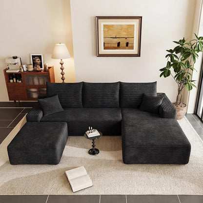 95" Cloud Sectional Couch U-Shaped Chaise with Ottoman, Corduroy Boneless Couch for Living Room Bedroom, Deep-Seat Upholstered Modular Cloud Sofa, No Assembly Required (Black, Right Facing Chaise)