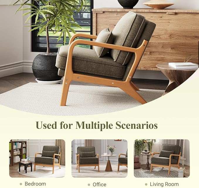 MALOL Accent Chair with Solid Wood Frame, Mid-Century Relaxing Armchair Lumbar Pillow& Soft Cushion, Reading Leisure Chair for Living Room, Bedroom, Waiting Room-Green
