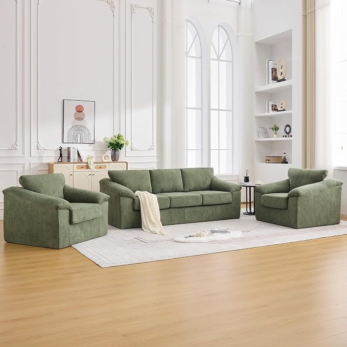 Boneless Couch Sets, Modern 3 Seater Sofa with 2 Accent Chairs, Floor Cloud Couch Sets with Extra Comfy Soft Deep Seats for Living Room, Apartment, No Assemby, Set of 3, Green