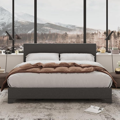 Allewie Full Size Bed Frame with Adjustable Headboard, Upholstered Platform Bed with Wood Slats, Heavy Duty Mattress Foundation, No Box Spring Needed, Noise-Free, Easy Assembly, Dark Grey