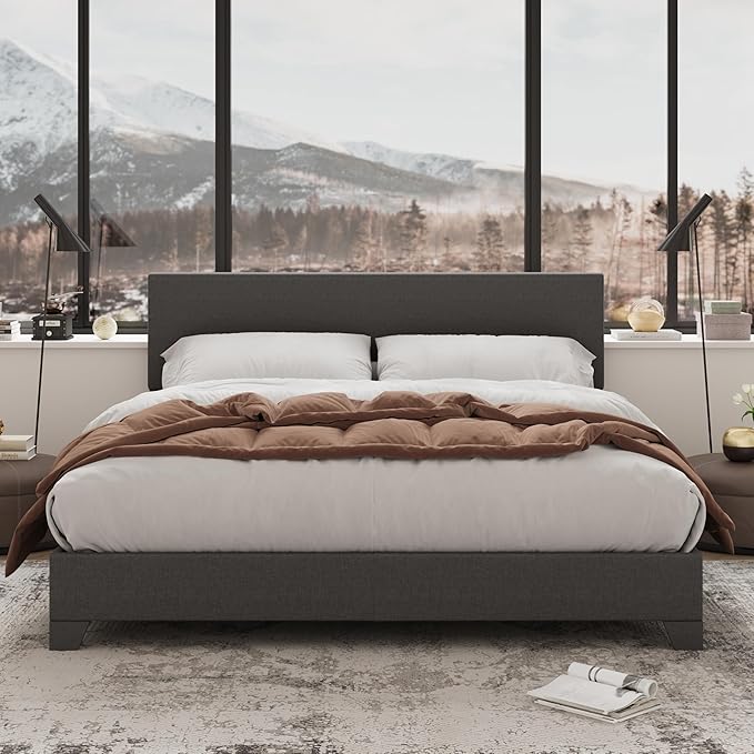 Allewie Queen Bed Frame with Adjustable Headboard, Upholstered Platform Bed with Wood Slats, Heavy Duty Mattress Foundation, No Box Spring Needed, Noise-Free, Easy Assembly, Dark Grey
