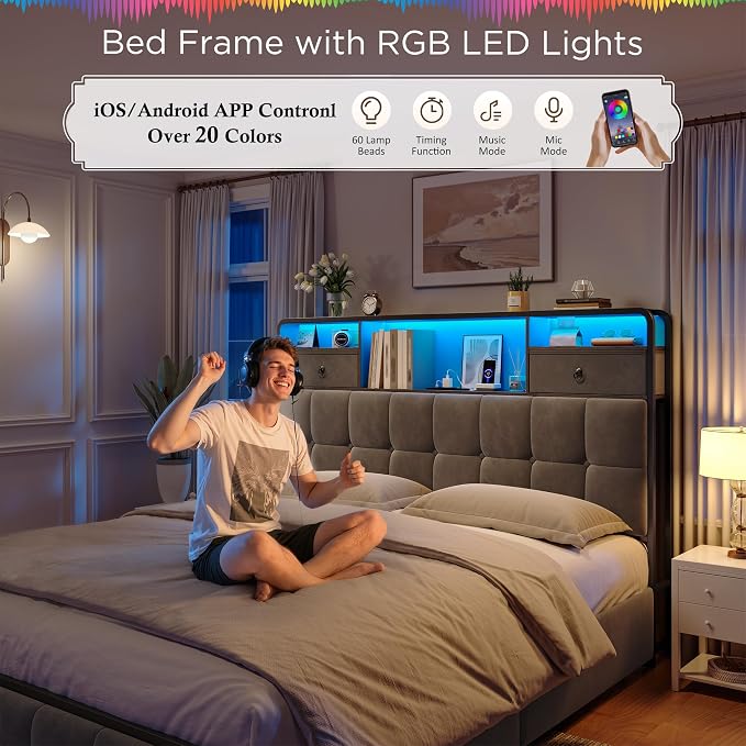 EnHomee Full Size Bed Frame with Velvet Upholstered Headboard and 6 Storage Drawers,Modern Bed Frame Full with LED Lights and Charging Station,No Box Spring Needed,Noise-Free, Easy Assembly,Grey