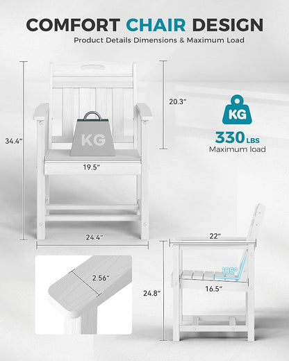 Ciokea HDPE Outdoor Patio Dining Chairs Set of 2, All-Weather Porch Chair with Wide Seat, Durable Outdoor Furniture for Backyard, Garden, Lawn & Poolside, White