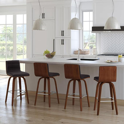 Vienna 26" Swivel Counter Stool in Walnut Wood Finish with Brown Faux Leather - Set of 2