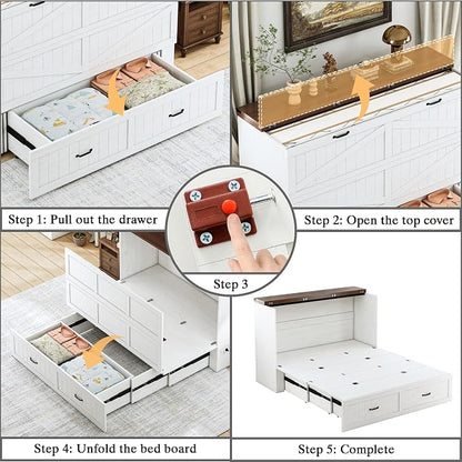 Full Murphy Bed with Charging Station, Farmhouse Noisy-Free Foldable Cabinet Bed Frame with Storage Drawer, Space Saving Hideaway Wall Bed for Guest Bedroom, Living Room, Office, White