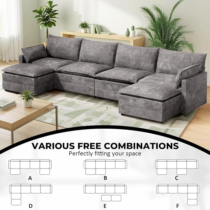 LEVELEVE 147" U-Shape Modular Sofa with 2 Ottomans, Deep Seat Cloud Convertible Sleeper, 2 Arm Pillows, Cozy Large Upholstered Furniture for Living Room Apartment, Dark Grey