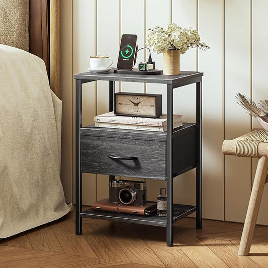 SUPERJARE Nightstand with Charging Station, Bed Side Table with Adjustable Fabric Drawer, Night Stand for Bedroom, 3-Tier Storage End Table, for Living Room, Charcoal Black Wood Grain Print