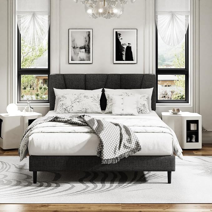 Sismplly Queen Size Platform Bed Frame with Modern Upholstered Headboard, Wooden Slats Support, Noise Free, No Box Spring Needed, Easy Assembly, Dark Grey, Linen