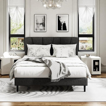 Sismplly Queen Size Platform Bed Frame with Modern Upholstered Headboard, Wooden Slats Support, Noise Free, No Box Spring Needed, Easy Assembly, Dark Grey, Linen
