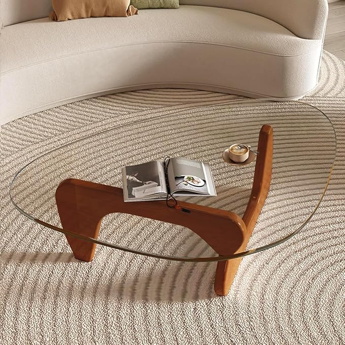 Glass Coffee Table, Mid Century Modern Coffee Table, Coffee Table for Living Room Center Table Suitable for Bedroom Living Room Reception Office Tables (Walnut/Transparent, Large)