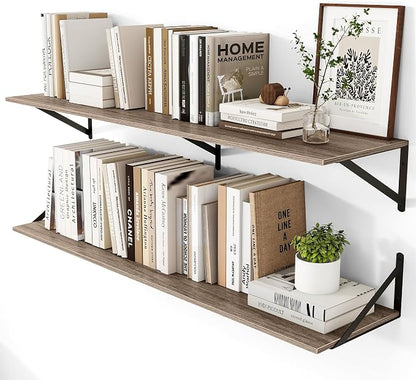 Heimlove Deep Floating Shelves for Wall, 48W x 12D Rustic Grey Wood Wall Shelves Set of 2, Large Floating Shelf for Living Room, Kitchen, Office, Bedroom and Decor Storage, with Metal Bracket - Grey