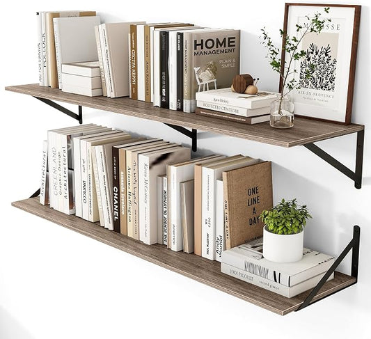 Heimlove Deep Floating Shelves for Wall, 48W x 12D Rustic Grey Wood Wall Shelves Set of 2, Large Floating Shelf for Living Room, Kitchen, Office, Bedroom and Decor Storage, with Metal Bracket - Grey