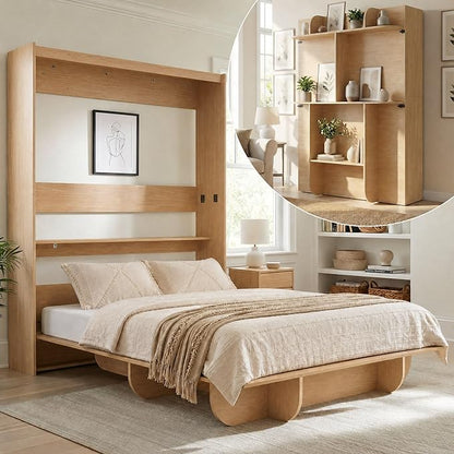 Mjkone Queen Size Wall Murphy Bed with Storage Shelf, Queen Wall Beds Cabinet Murphy Beds with Bookshelf, Top Cabinet Bed, Space-Saving Cabinets Beds for Bedroom, Guest Room, Studio, Office-Wood Color