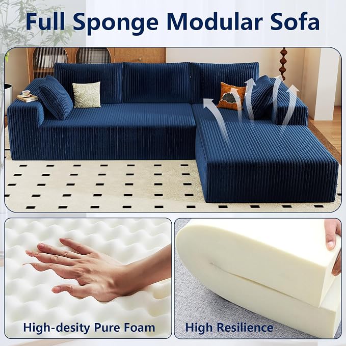 96" Modular Sectional Sofa, Modern Corduroy Cloud Couch with Deep Seat, Boneless Couch Upholstered 3-Seater L-Shaped Sofa for Living Room, No Assembly Required (Blue, Right-Facing Chaise)