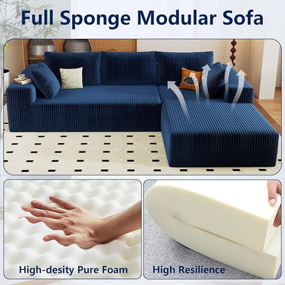 96" Modular Sectional Sofa, Modern Corduroy Cloud Couch with Deep Seat, Boneless Couch Upholstered 3-Seater L-Shaped Sofa for Living Room, No Assembly Required (Blue, Right-Facing Chaise)
