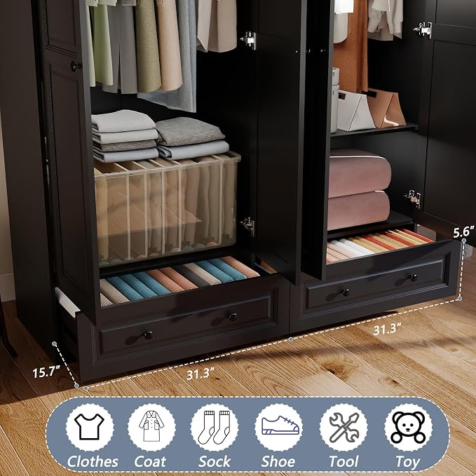 Armoire Wardrobe Closet with Drawers: 74" Black Tall Wardrobe Cabinet with Hanging Rod, Wooden Closet with 4 Doors and 2 Drawers, Modern Bedroom Armoires
