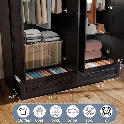 Armoire Wardrobe Closet with Drawers: 74" Black Tall Wardrobe Cabinet with Hanging Rod, Wooden Closet with 4 Doors and 2 Drawers, Modern Bedroom Armoires