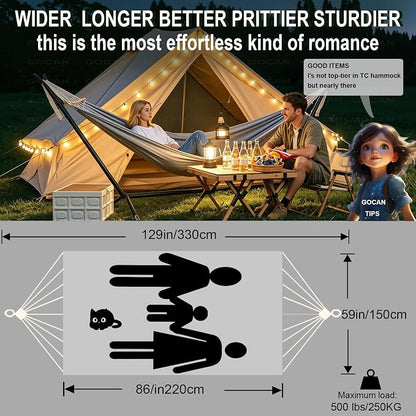 Double Hammock 2 Person Extra Large 220x150cm Total Length 330cm Load 500lb Canvas Cotton Hammock for Patio Porch Garden Backyard Lounging Outdoor and Indoor with Removable Spreader bar