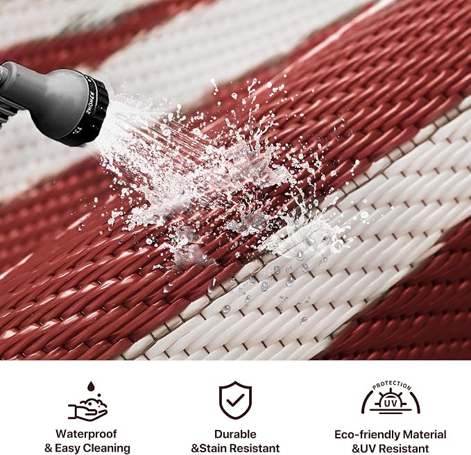 GENIMO 6' x 9' Outdoor Rug Waterproof for Patio Decor, Foldable Reversible Plastic Straw Area Rugs Mat for Camper, Outside Carpet for Rv, Deck, Porch, Picnic, Beach, Balcony, Red & White