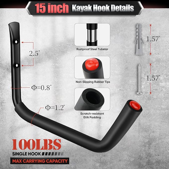 Nacial 10 Pack Garage Hooks Heavy Duty, 15" & 3.5" Kayak Storage Hooks with EVA Pads, 100LBS Capacity Large Garage Hooks for Hanging Bikes, Kayak Folding Chairs and Hanging Ladders