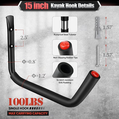 Nacial 10 Pack Garage Hooks Heavy Duty, 15" & 3.5" Kayak Storage Hooks with EVA Pads, 100LBS Capacity Large Garage Hooks for Hanging Bikes, Kayak Folding Chairs and Hanging Ladders