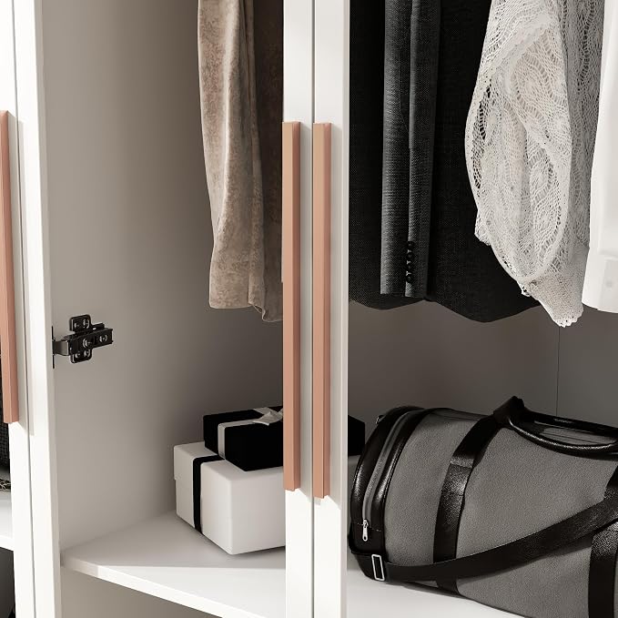 Wardrobe Cabinet with LED Lights, Armoire Closet with Glass Doors, Wooden Large Wardrobe with Hanging Rod & 5 Tiers Shelf, Modern Bedroom Armoire Clothes Organizer, White 47.2" W