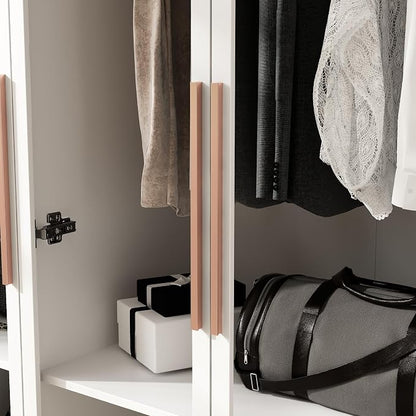 Wardrobe Cabinet with LED Lights, Armoire Closet with Glass Doors, Wooden Large Wardrobe with Hanging Rod & 5 Tiers Shelf, Modern Bedroom Armoire Clothes Organizer, White 47.2" W
