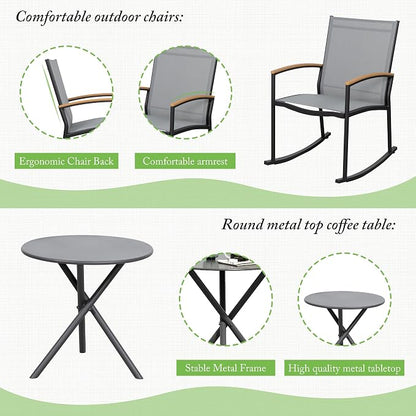 Shintenchi 3 Pieces Patio Rocking Bistro Sets,Outdoor Textilene Fabric Conversation Bistro Set,Front Porch Rocker Chairs Small Patio Furniture Set with Table for Lawn,Garden,Balcony(Light Gray)